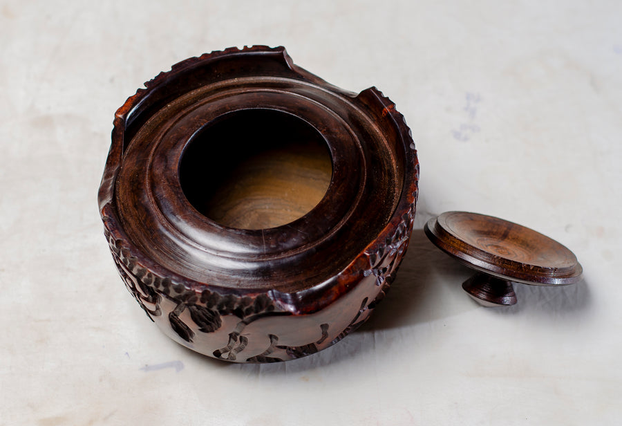 OPEN SIDED ENGRAVED SUGAR BOWL - MADE FROM IRON WOOD