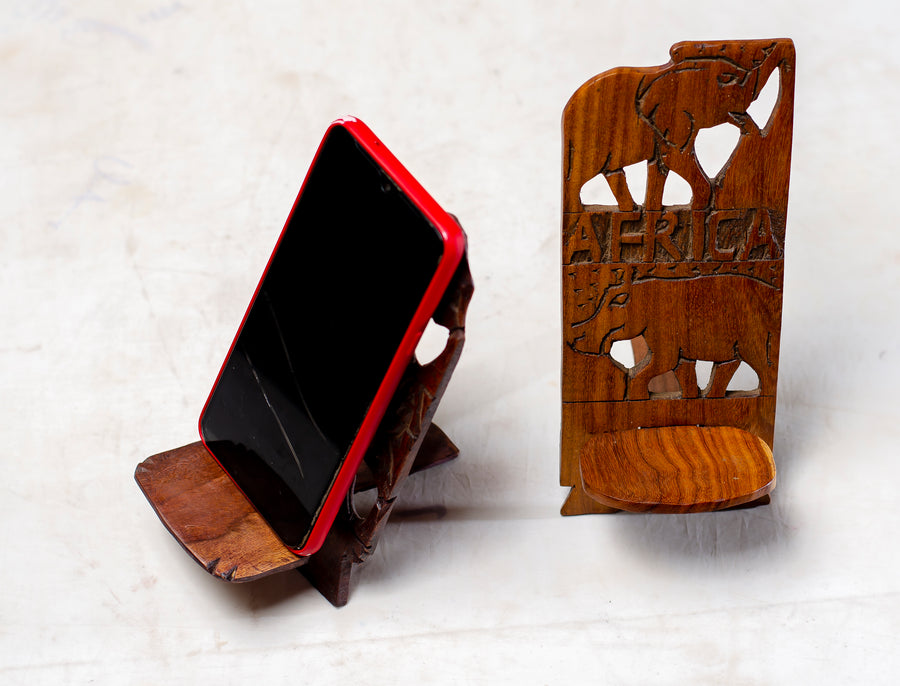 PHONE STAND MADE OUT OF MUBANGA WOOD EMBELLISHED ON MAP OF ZAMBIA