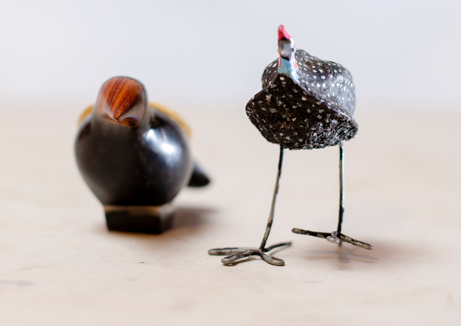 WIRE GUINEA FOWL AND WOODEN MINIATURE BIRDS MADE OUT OF MOPANI FRUITS