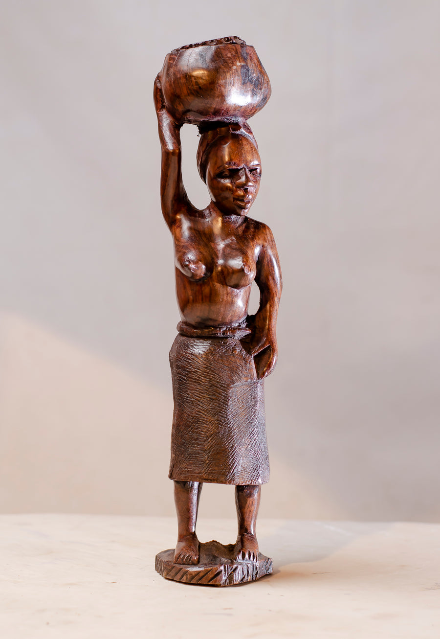 AFRICAN MAIDEN WOMAN CARRYING WATER ON HER HEAD - MADE  OF IRON WOOD