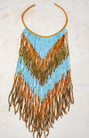 brown and blue bead tasseled necklace